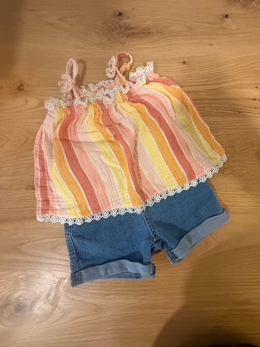 Girls' Jessica Simpson Multicolor Striped Lace-Trim Top and Jean Shorts Set